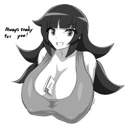 Rule 34 | bare shoulders, between breasts, black hair, blunt bangs, breasts, greyscale, hime cut, huge breasts, jadf, long hair, looking at viewer, messy hair, monochrome, nintendo, nintendo switch (personification), non-web source, open mouth, original, personification, shiny clothes, shirt, smile, tight clothes, tight shirt, upper body