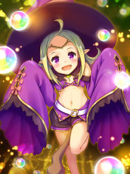 Rule 34 | 1girl, ahoge, belt, bikini, bikini top only, blush, fangs, fire emblem, fire emblem awakening, fire emblem heroes, forehead protector, green hair, halloween costume, hat, highres, long sleeves, looking at viewer, midriff, navel, nintendo, nowi (fire emblem), open mouth, pointy ears, purple eyes, shorts, sleeves past wrists, smile, solo, staff, tayashitsu, wide sleeves, witch hat