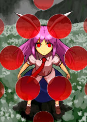 Rule 34 | 1girl, animal ears, bad id, bad pixiv id, female focus, from above, frown, highres, long hair, looking up, necktie, no pupils, purple hair, rabbit ears, red eyes, red necktie, reisen udongein inaba, shirt, skirt, solo, staring, touhou, yu 65026
