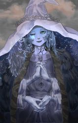 Rule 34 | 1girl, artist request, blue eyes, blue hair, blue skin, cloak, colored skin, cracked skin, dress, elden ring, extra arms, extra faces, fur cloak, hat, hat ornament, highres, jewelry, joints, long hair, looking at viewer, one eye closed, own hands together, ranni the witch, smile, solo, witch, witch hat