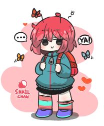 Rule 34 | 1girl, animal, antennae, backpack, bag, black skirt, blue jacket, blush, bug, butterfly, chibi, closed mouth, commentary request, full body, grey eyes, hair between eyes, heart, highres, insect, jacket, long sleeves, looking at viewer, multicolored hair, original, pink hair, puffy long sleeves, puffy sleeves, purple footwear, red hair, shoes, skirt, smile, solo, squeans, standing, striped clothes, striped thighhighs, thighhighs, two-tone hair, uni souchou
