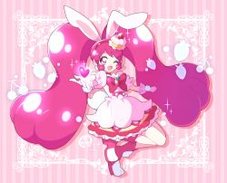 Rule 34 | 10s, 1girl, ;d, animal ears, boots, bow, rabbit ears, rabbit tail, cake hair ornament, cure whip, dadadanoda, dress, earrings, extra ears, food-themed hair ornament, full body, gloves, hair ornament, hairband, heart, kirakira precure a la mode, long hair, looking at viewer, magical girl, one eye closed, open mouth, pink background, pink bow, pink eyes, pink footwear, pink hair, pink theme, pom pom (clothes), pom pom earrings, precure, red hairband, smile, solo, striped, striped background, tail, twintails, usami ichika, white dress, white gloves