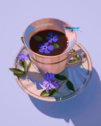 Rule 34 | cup, flower, highres, leaf, meyoco, no humans, original, photo-referenced, plate, purple background, purple flower, shadow, simple background, teacup