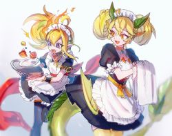 Rule 34 | 2girls, ahoge, alternate costume, apron, black choker, black legwear, blonde hair, breasts, choker, commentary request, dragon girl, dragon horns, dragon tail, dragonmaid (yu-gi-oh!), duel monster, eyes visible through hair, fire, green hair, horns, looking back, maid, maid apron, maid headdress, medium breasts, multicolored hair, multiple girls, open mouth, parlor dragonmaid, pointy ears, purple eyes, sasagaku sando, sevens road witch, side ponytail, tail, thighhighs, towel, tray, twintails, two-tone hair, yellow legwear, yu-gi-oh!, yu-gi-oh! rush duel