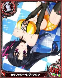 Rule 34 | 1girl, black hair, breasts, card (medium), chess piece, cleavage, high school dxd, king (chess), navel, official art, purple eyes, race queen, serafall leviathan, smile, twintails, upside-down