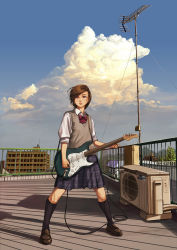 Rule 34 | 1girl, absurdres, air conditioner, antenna mast, black socks, bow, brown eyes, brown footwear, brown hair, cloud, collared shirt, electric guitar, fender stratocaster, full body, guitar, highres, instrument, kneehighs, legs apart, lips, loafers, looking at viewer, music, on roof, original, otsu natsu, outdoors, plaid, plaid skirt, playing instrument, pleated skirt, plectrum, radio antenna, railing, rooftop, school uniform, shadow, shirt, shoes, short hair, skirt, sky, sleeves rolled up, socks, solo, standing, sunlight, sweater vest, swept bangs