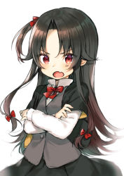 Rule 34 | 10s, 1girl, black hair, black jacket, black skirt, blush, bow, brown hair, brown vest, crossed arms, fang, gradient hair, hair between eyes, hair bow, hair ribbon, jacket, layered sleeves, long hair, long sleeves, looking at viewer, midorikawa you, multicolored hair, one side up, open mouth, pleated skirt, red bow, red eyes, red ribbon, ribbon, ryuuou no oshigoto!, shirt, short over long sleeves, short sleeves, simple background, skirt, solo, very long hair, vest, white background, white shirt, yashajin ai