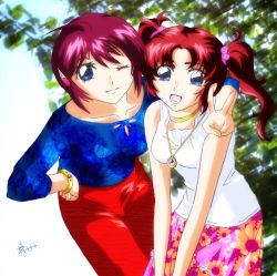 Rule 34 | 00s, 2girls, :d, ;), blue eyes, blue shirt, collarbone, floral print, gundam, gundam seed, gundam seed destiny, hand gesture, hand on own hip, jewelry, leaf, looking at viewer, lunamaria hawke, meyrin hawke, multiple girls, neck ring, necklace, one eye closed, open mouth, own hands together, pendant, piggy ho ho, pink skirt, red hair, red skirt, shirt, siblings, sisters, skirt, smile, two side up, v, v arms, white shirt, wink