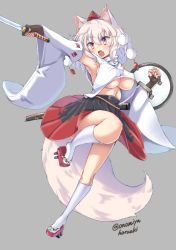 Rule 34 | 1girl, animal ears, areola slip, black gloves, black skirt, blush, breasts, commentary request, crop top, detached sleeves, fang, full body, geta, gloves, grey background, hair between eyes, hat, holding, holding shield, holding sword, holding weapon, inubashiri momiji, kneehighs, large breasts, navel, no bra, onomiya, outstretched arm, pom pom (clothes), red eyes, red hat, red skirt, ribbon-trimmed sleeves, ribbon trim, sheath, shield, simple background, skin fang, skirt, socks, solo, sword, tail, tokin hat, touhou, twitter username, underboob, weapon, white hair, white socks, wolf ears, wolf tail