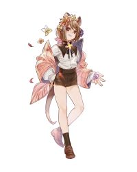 Rule 34 | 1girl, animal ears, brown eyes, brown hair, flower, full body, hair flower, hair ornament, kochiya (gothope), loafers, looking at viewer, off shoulder, original, shoes, short hair, shorts, smile, solo, tail, transparent background