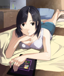 Rule 34 | 1girl, bad id, bad pixiv id, bare legs, barefoot, bed, black eyes, black hair, breasts, cleavage, computer, desk, foreshortening, highres, kagematsuri, looking at viewer, lying, on bed, on stomach, original, pillow, short hair, shorts, solo, tablet pc