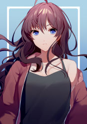 Rule 34 | 1girl, ahoge, asd13, bad id, bad pixiv id, blue background, blue eyes, breasts, cleavage, closed mouth, collarbone, commentary request, ichinose shiki, idolmaster, idolmaster cinderella girls, jacket, long hair, looking at viewer, medium breasts, off shoulder, open clothes, open jacket, purple hair, purple jacket, single bare shoulder, solo, tank top, upper body, wavy hair