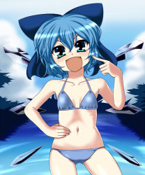 Rule 34 | 1girl, bikini, blue bikini, blue eyes, blue hair, cirno, day, female focus, flat chest, matching hair/eyes, nature, navel, open mouth, outdoors, plant, shishou (absolute area), short hair, sky, solo, swimsuit, touhou, wings