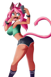 Rule 34 | 1girl, absurdres, animal ears, ass, breasts, cat ears, cat girl, cat tail, colored skin, curvy, dark-skinned female, dark skin, fangs, fingernails, furry, furry female, green eyes, gym uniform, highres, holding, holding phone, large breasts, low twintails, lucyfer, navel, nikki (kevin ku), open mouth, original, phone, selfie, shiny skin, short hair, short shorts, shorts, simple background, solo, standing, surprised, sweat, sweatdrop, tail, twintails, upper body, white skin, wide hips