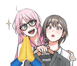 Rule 34 | 2girls, bang dream!, bang dream! it&#039;s mygo!!!!!, blush, brown eyes, chihaya anon, clothes hanger, commentary request, glasses, grey eyes, grey hair, holding, holding clothes hanger, hood, hood down, hoodie, korean commentary, long hair, long sleeves, multiple girls, nohee07, pink hair, shirt, short hair, simple background, sparkling eyes, takamatsu tomori, upper body, white background, white hoodie, white shirt