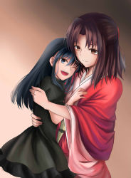 Rule 34 | 2girls, bad id, bad pixiv id, black dress, black hair, blue eyes, brown hair, commentary request, dress, hug, japanese clothes, kara no kyoukai, long hair, mother and daughter, multiple girls, one eye closed, open mouth, ryougi mana, ryougi shiki, shiki (chen321aa), short hair, wide sleeves