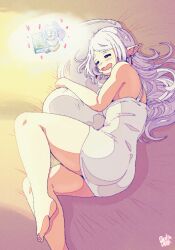 Rule 34 | 1girl, ass, bare shoulders, barefoot, bed sheet, benbeau, blush, book, chibi, closed eyes, dreaming, dress, drooling, earrings, feet, frieren, grey hair, happy, highres, hugging object, jewelry, long hair, lying, on side, open mouth, parted bangs, pillow, pillow hug, pointy ears, sleeping, sleeveless, smile, soles, solo, sousou no frieren, thick eyebrows, toes, white dress