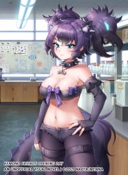 Rule 34 | 1girl, animal ears, bad id, bad pixiv id, bare shoulders, black collar, black gloves, black hair, black pantyhose, black shorts, blue eyes, blue hair, bow, breasts, cerberus (kemono friends), cleavage, closed mouth, collar, commentary, day, elbow gloves, english commentary, eyebrows hidden by hair, fingerless gloves, gloves, hair between eyes, hand on own hip, highres, indoors, kemono friends, kemono friends opening day, medium breasts, menna (0012), micro shorts, multicolored hair, official art, pantyhose, purple bow, scar, scar across eye, scar on face, shorts, solo, spiked collar, spikes, streaked hair, sunlight, tail, twintails, watermark, whiteboard, window