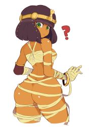 Rule 34 | 1girl, ?, alternate costume, ass, back, bandages, bangle, blunt bangs, blush, bob cut, bracelet, breasts, butt crack, curvy, dark-skinned female, dark skin, egyptian, from behind, green eyes, hair ornament, highres, huge ass, jewelry, looking at viewer, looking back, menat, mummy, mummy costume, naked bandage, nkrooster, no panties, official alternate costume, open mouth, purple hair, short hair, simple background, solo, street fighter, street fighter v, white background, wide hips