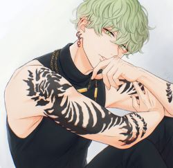 Rule 34 | 1boy, black shirt, black tank top, covering own mouth, ear piercing, earrings, green eyes, green hair, highres, jewelry, kei (k2224911), looking at viewer, male focus, masaki hokusai, necklace, paradox live, piercing, shirt, short hair, solo, tank top, tattoo, wavy hair, white background