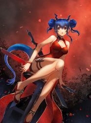 Rule 34 | 1girl, arknights, black shorts, blue hair, breasts, ch&#039;en (ageless afterglow) (arknights), ch&#039;en (arknights), chair, chestnut mouth, china dress, chinese clothes, cleavage, cleavage cutout, clothing cutout, double bun, dragon horns, dragon tail, dress, dutch angle, hair bun, high heels, highres, holding, holding sword, holding weapon, horns, long hair, looking away, medium breasts, official alternate costume, red dress, red eyes, shorts, sleeveless, sleeveless dress, solo, sword, tail, take tw01, thigh strap, weapon