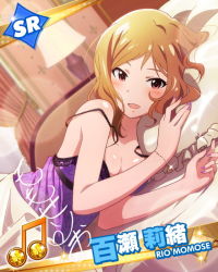 Rule 34 | 10s, 1girl, :d, beamed quavers, blush, bracelet, breasts, card (medium), character name, character signature, cleavage, fingernails, idolmaster, idolmaster million live!, jewelry, long fingernails, momose rio, musical note, nail polish, off shoulder, official art, open mouth, orange hair, purple eyes, signature, smile, strap slip