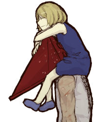 Rule 34 | 1boy, 1girl, bad id, bad pixiv id, blonde hair, carrying, closed eyes, coffinkun, crossover, dress, pyramid head, short hair, shoulder carry, silent hill, silent hill (series), simple background, sitting, smile, sweatdrop, usotsuki, yume nisshi