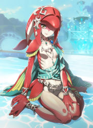 Rule 34 | 1girl, anklet, barefoot, belt, bracelet, breasts, fins, fountain, gills, highres, jewelry, looking at viewer, mipha, monster girl, navel, necklace, nintendo, nyoro (nyoronyoro000), outdoors, sitting, smile, solo, tail, the legend of zelda, the legend of zelda: breath of the wild, wariza, webbed hands, yellow eyes, zora