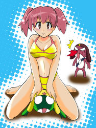 Rule 34 | 1girl, 2boys, :d, ^^^, barefoot, bikini, blood, blush, breasts, breasts apart, buckle, cleavage, feet, girl on top, giroro, halftone, halftone background, hand on another&#039;s head, hat, hinata natsumi, keroro, keroro gunsou, kihara mako, large breasts, light smile, looking at viewer, multiple boys, navel, no pupils, nosebleed, open mouth, pink hair, red eyes, red hair, scar, shadow, short hair, short twintails, sitting, sitting on person, size difference, smile, star (symbol), straddling, surprised, swimsuit, twintails, v arms, yellow bikini