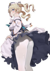Rule 34 | 1girl, ass, barbara (genshin impact), bare shoulders, blonde hair, blue eyes, blush, breasts, cleavage, detached collar, detached sleeves, dress, genshin impact, hareno chiame, highres, long hair, looking at viewer, medium breasts, pantyhose, solo, thighs, twintails, white dress, white headwear, white pantyhose, white sleeves