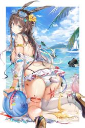 Rule 34 | 1girl, absurdres, amiya (arknights), anal, anal object insertion, anal tail, animal ears, arknights, ass, ass cutout, beach, bikini, blush, breasts, brown hair, butt plug, clothing cutout, fake tail, frilled bikini, frills, hair ornament, highres, kiriko (araragikoyomi), large breasts, long hair, looking at viewer, object insertion, off shoulder, parted lips, rabbit ears, rabbit hair ornament, sex toy, solo, swimsuit, tail, thighhighs, untied bikini, white bikini, white thighhighs