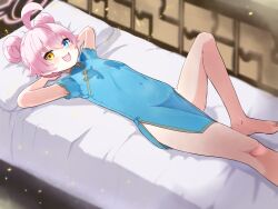 Rule 34 | 1girl, ahoge, barefoot, bed, bed sheet, blue archive, blue dress, blue eyes, blush, china dress, chinese clothes, double bun, dress, fang, hair between eyes, hair bun, halo, highres, hoshino (blue archive), lying, on back, oozumi 03, open mouth, pillow, pink hair, pink halo, short hair, short sleeves, skin fang, smile, solo, yellow eyes