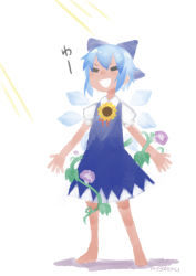 Rule 34 | 1girl, artist name, barefoot, blue dress, blue hair, cirno, dress, closed eyes, flower, full body, hair ribbon, hidden star in four seasons, ice, ice wings, mogamiya honu, plant, puffy sleeves, ribbon, short hair, short sleeves, simple background, smile, solo, sunflower, tan, tanned cirno, text focus, touhou, vines, white background, wings