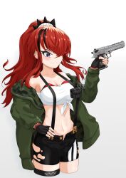 Rule 34 | 1girl, absurdres, bandeau, bare shoulders, black gloves, black hair, black shorts, breasts, cleavage, commentary request, cropped legs, fingerless gloves, gloves, gradient background, grey background, gun, hair over one eye, hand up, handgun, highres, holding, holding gun, holding weapon, jack (ctjack), lain paterson, lain paterson (1st costume), large breasts, long hairbangs, midriff, multicolored hair, navel, nijisanji, off shoulder, ponytail, pouch, purple eyes, red hair, short shorts, shorts, solo, standing, stomach, strapless, streaked hair, suspenders, thighs, tube top, virtual youtuber, weapon, white background