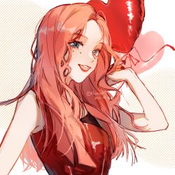 Rule 34 | 1girl, animification, balloon, blue eyes, chinese commentary, eye piercing, flat chest, g-i-dle, holding, holding balloon, k-pop, long hair, nail polish, open mouth, photo-referenced, pink hair, real life, red nails, red shirt, shirt, sleeveless, sleeveless shirt, smile, solo, song yu qi, xiaomai de qi ye