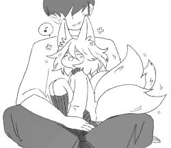 Rule 34 | 1boy, 1girl, :d, ^ ^, animal ear fluff, animal ears, closed eyes, commentary, closed eyes, faceless, faceless male, fox ears, fox girl, fox tail, greyscale, happy, latenight, long sleeves, monochrome, monochrome, motion lines, multiple tails, musical note, open mouth, original, short hair, simple background, sitting, sitting on lap, sitting on person, smile, spoken musical note, sweater, tail, tail wagging
