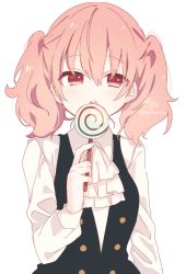 Rule 34 | 1girl, black vest, blush, brown eyes, brown hair, candy, collared shirt, commentary request, food, hair between eyes, hand up, highres, holding, holding candy, holding food, holding lollipop, inu x boku ss, lollipop, long sleeves, open mouth, roromiya karuta, shirt, signature, simple background, sofra, solo, swirl lollipop, teeth, twintails, twitter username, upper body, upper teeth only, vest, white background, white neckwear, white shirt