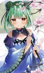Rule 34 | 1girl, bare shoulders, blush, breasts, bug, butterfly, detached sleeves, double bun, dress, green hair, hair bun, hair ornament, highres, hololive, insect, jewelry, looking at viewer, open mouth, red eyes, rinki oohen, short hair, skull hair ornament, solo, umbrella, uruha rushia, uruha rushia (1st costume), virtual youtuber