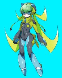 Rule 34 | 1girl, :o, blue background, blue eyes, blue footwear, blue gloves, bodysuit, boots, breasts, bright pupils, creatures (company), dewpider, eyes visible through hair, game freak, gen 7 pokemon, gloves, green hair, hair between eyes, highres, legs apart, long hair, long sleeves, momoshiro, nintendo, open mouth, personification, pokemon, quad tails, small breasts, solo, turtleneck, visor, zipper pull tab