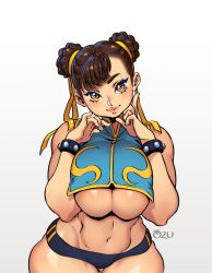 Rule 34 | 1girl, abs, adapted costume, alternate eye color, biceps, blush, breast press, breasts, brown hair, capcom, chun-li, clothing cutout, curvy, double bun, earrings, fingernails, hair bun, hand on own face, highres, jewelry, large breasts, lips, looking at viewer, muscular, muscular female, navel, no bra, ozumomo, parted lips, shoes, short hair, skin tight, sneakers, solo, standing, street fighter, street fighter zero (series), studded bracelet, thick thighs, thighs, underboob, upper body, white background