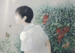Rule 34 | 1boy, bad id, bad pixiv id, berry, black hair, bug, bush, butterfly, from behind, grey background, bug, leaf, looking ahead, male focus, original, plant, plant request, re:i, shirt, signature, solo, white shirt