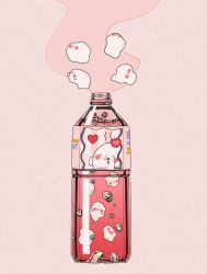 Rule 34 | bottle, bubble, drink, label, liquid, myon (tokipi), no humans, original, pink background, pink theme, simple background, smoke