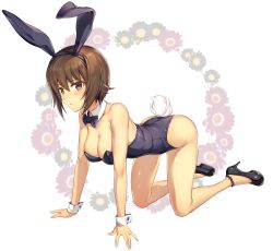 Rule 34 | 10s, 1girl, :&lt;, all fours, animal ears, ankle strap, bare shoulders, blush, bow, bowtie, breasts, brown eyes, brown hair, cleavage, closed mouth, detached collar, fake animal ears, full body, girls und panzer, hair between eyes, high heels, highres, icomochi, large breasts, leotard, looking at viewer, nishizumi maho, platform footwear, playboy bunny, rabbit ears, rabbit tail, shoes, short hair, simple background, solo, strappy heels, tail, wrist cuffs