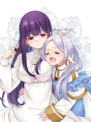 Rule 34 | 2girls, absurdres, chocolate, closed eyes, crying, dress, fern (sousou no frieren), food, frieren, grey hair, hair between eyes, highres, hiragana sherry, holding, holding chocolate, holding food, long hair, long sleeves, multiple girls, open mouth, pointy ears, purple eyes, purple hair, sousou no frieren, tears, twitter username, white dress