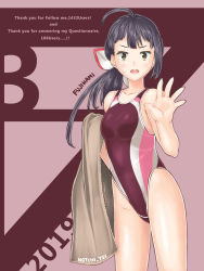 Rule 34 | 1girl, 2019, absurdres, alternate costume, artist logo, artist name, blush, breasts, collarbone, competition swimsuit, dated, fujinami (kancolle), grey hair, hair between eyes, hair ribbon, highres, kantai collection, lips, long hair, looking at viewer, medium breasts, notchi, one-piece swimsuit, open mouth, purple background, purple one-piece swimsuit, ribbon, side ponytail, simple background, solo, sweatdrop, swimsuit, teeth, text focus, tongue, towel, twitter username, white ribbon, yellow eyes
