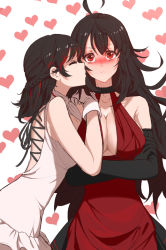 Rule 34 | 2girls, ahoge, black gloves, black hair, blush, breasts, commentary, curvy, dishwasher1910, dress, english commentary, gloves, gradient hair, heart, heart background, kiss, kissing cheek, large breasts, long hair, mature female, multicolored hair, multiple girls, raven branwen, red dress, red eyes, red hair, rwby, short hair, summer rose, thighhighs, two-tone hair, very long hair, white dress, white gloves, yuri
