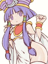 Rule 34 | 1girl, armlet, beeru (veil8801), breasts, cleopatra fortune, dress, egyptian, hair tubes, headdress, highres, navel, no panties, patrako (cleopatra fortune), purple eyes, purple hair, short hair with long locks, sidelocks, simple background, small breasts, thighhighs, tight clothes, tight dress, usekh collar