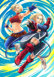 Rule 34 | 2girls, abs, blonde hair, blue eyes, blue mary, boots, cammy white, fatal fury, fingerless gloves, gloves, highres, jacket, kd kaewdesu, multiple girls, pants, shoes, sneakers, street fighter, street fighter 6, the king of fighters, the king of fighters xv, toned, trait connection, two-tone background, union jack