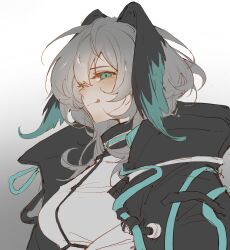 Rule 34 | 1girl, aqua eyes, aqua wings, arknights, black jacket, black wings, breasts, closed mouth, feathered wings, gradient background, grey background, hair between eyes, head wings, highres, ho&#039;olheyak (arknights), jacket, lan2546426, licking lips, long hair, medium breasts, open clothes, open jacket, shirt, smile, solo, tongue, tongue out, upper body, white background, white shirt, wings