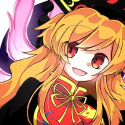 Rule 34 | 1girl, black dress, black hat, black sleeves, blonde hair, bow, chinese clothes, crescent, dress, energy, eyes visible through hair, hair between eyes, hat, ikasoba, junko (touhou), long hair, long sleeves, looking at viewer, open mouth, pom pom (clothes), purple background, red eyes, red vest, simple background, smile, solo, touhou, vest, white background, yellow bow, yellow neckwear